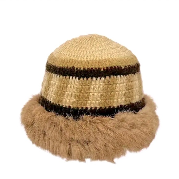 Faux Rabbit Fur Trimmed Knit Winter Russian‎ Cozy Hat Women’s One Size in Tan - Picture 1 of 4